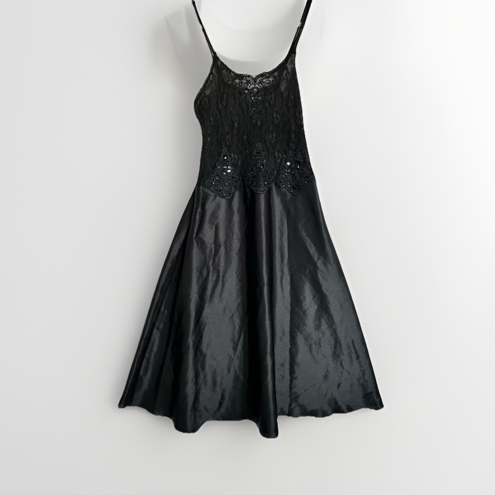 VTG Cinema Etoile Nightgown Slip Dress Black Beaded Lace Satin Feel Chemise Sz M